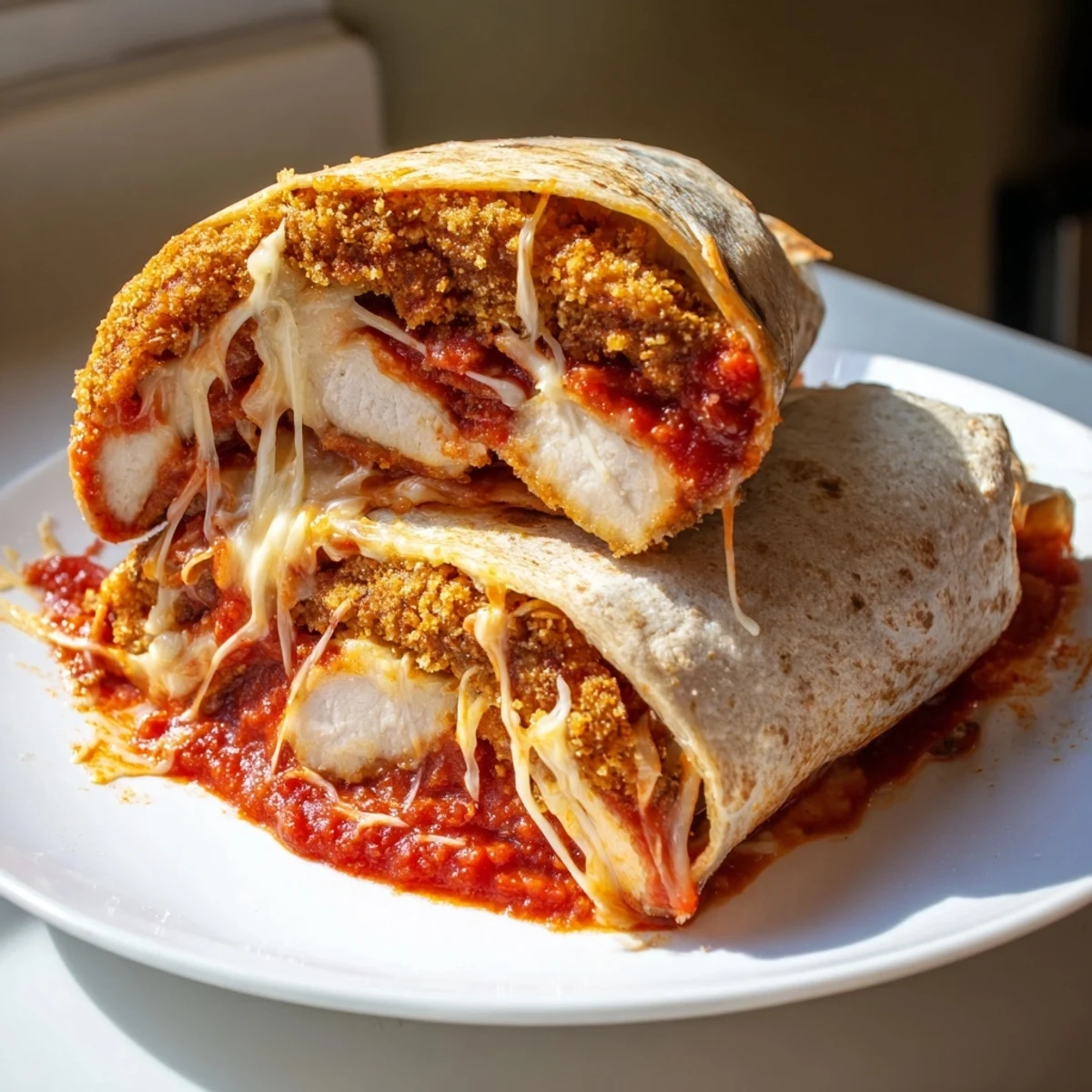Savory Crispy Chicken Parm Wraps sliced to reveal a filling of chicken, cheese, and sauce; a flavorful, handheld meal.