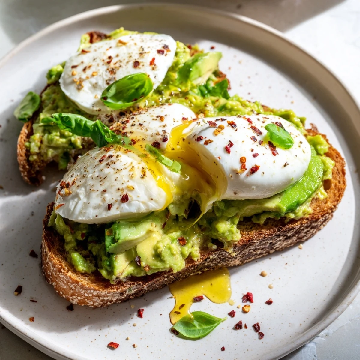 Toasted bread loaded with smashed avocado and bubbling mozzarella in this Avocado Mozzarella Tartine.