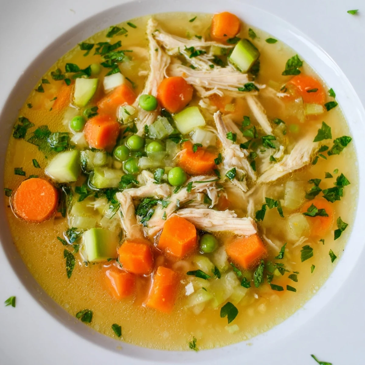 Spring Garden Chicken Soup with bright veggies and tender chicken, ready for a warm bowl.