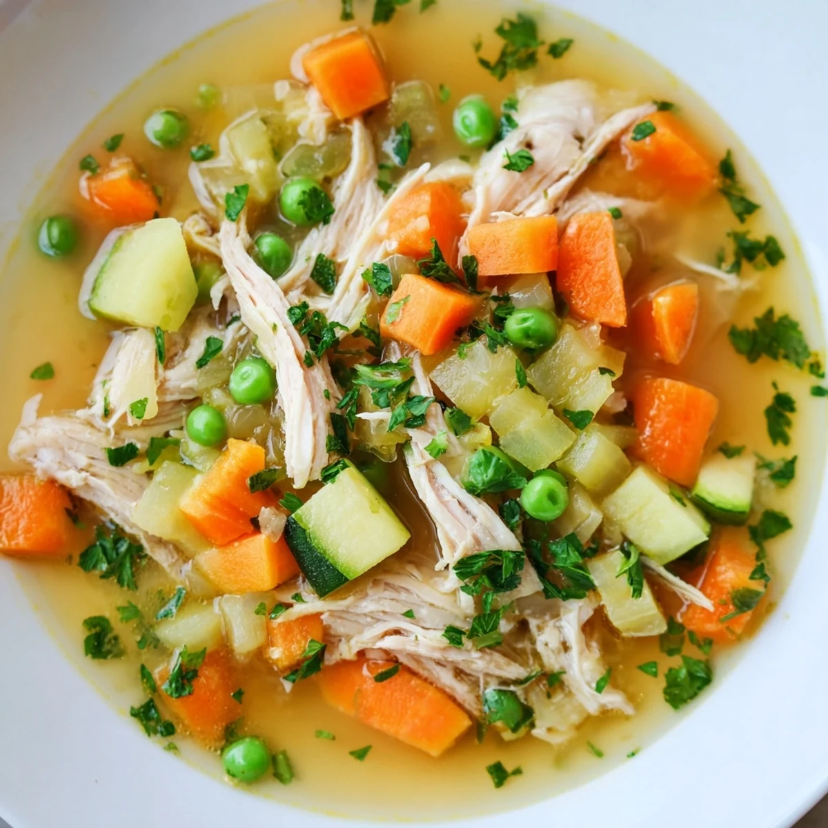 Homemade Spring Garden Chicken Soup, featuring shredded chicken with fresh parsley for serving.