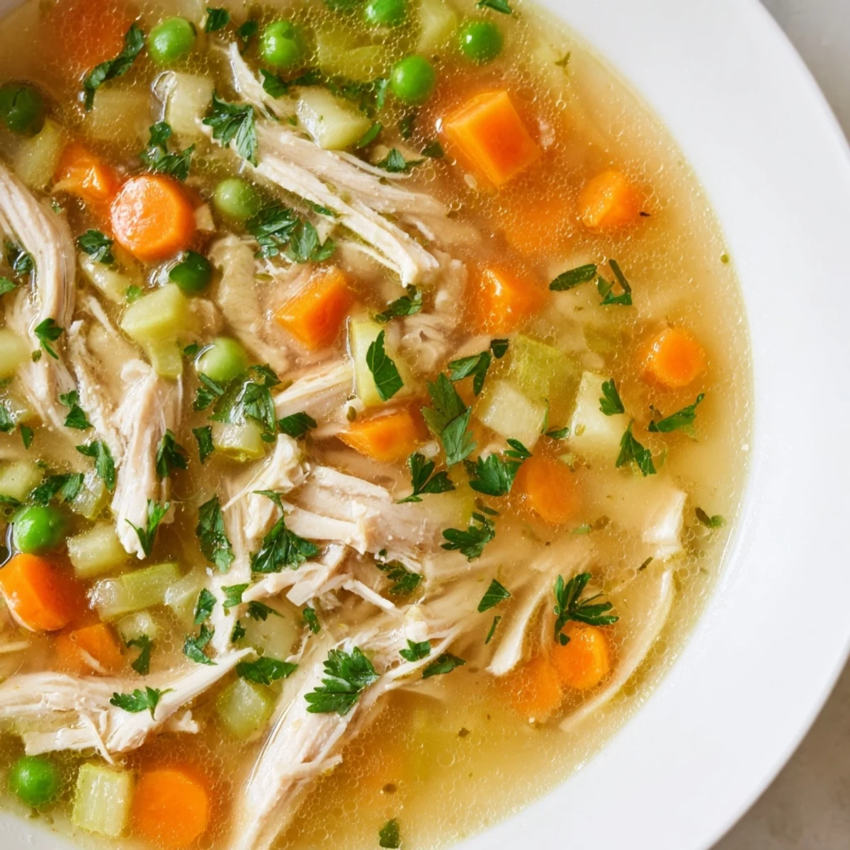 A close-up view of steaming Spring Garden Chicken Soup, filled with vibrant springtime flavors.