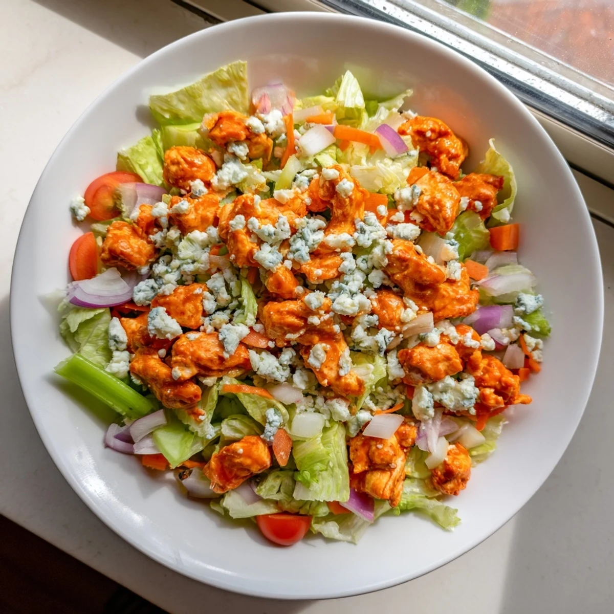 Vibrant Buffalo Chicken Chopped Salad with creamy blue cheese and spicy, tender chicken.