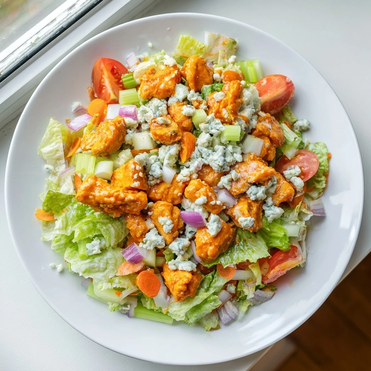 A colorful bowl of Buffalo Chicken Chopped Salad features crisp romaine and crunchy celery.