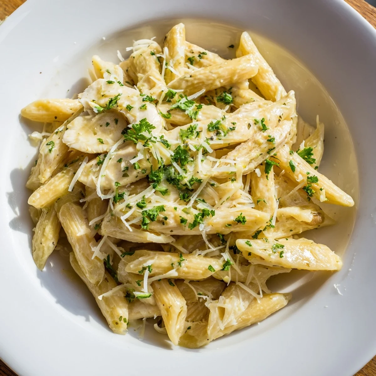 Creamy Roasted Garlic Chicken Penne, plated and garnished with fresh parsley for a delightful Italian dinner.