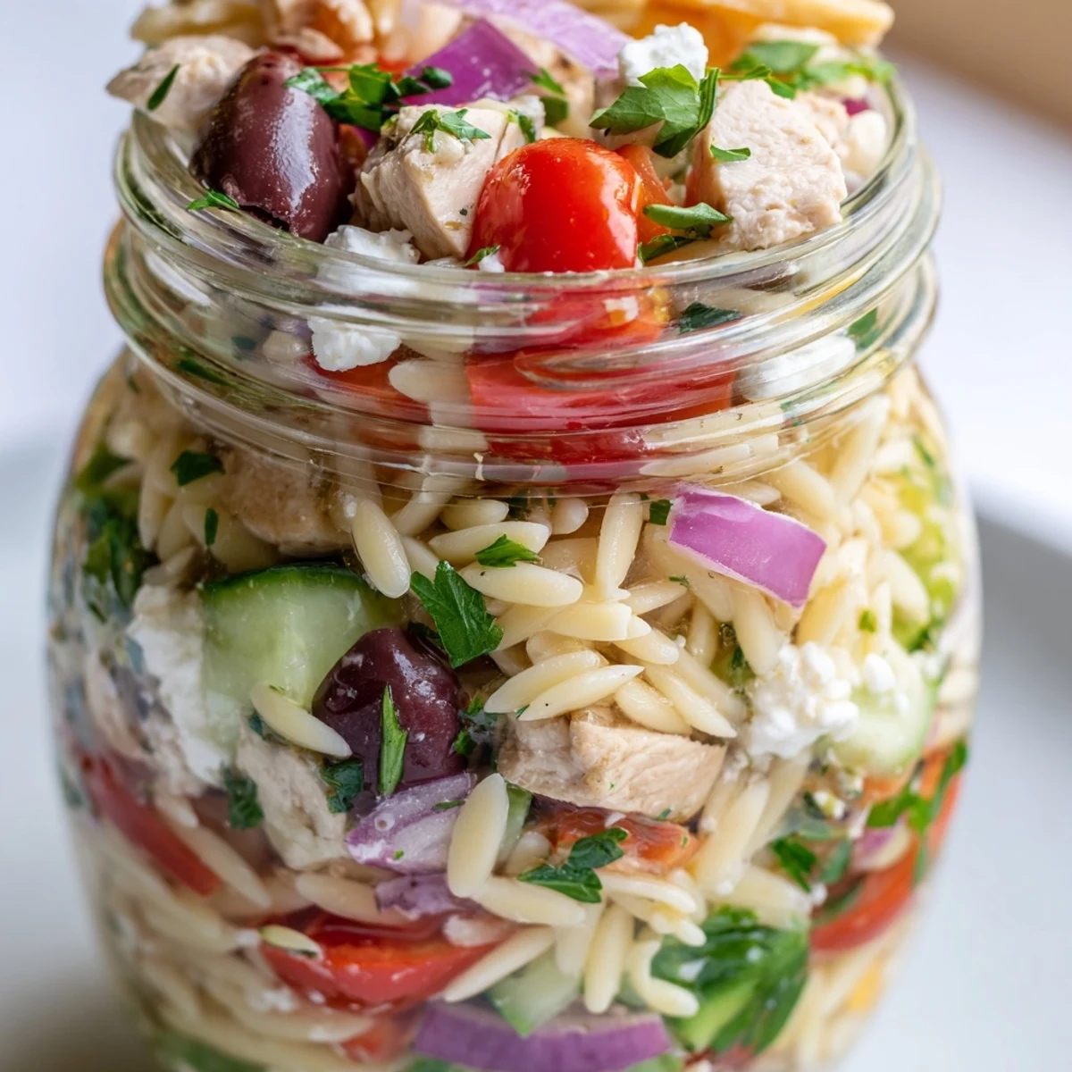 Freshly assembled Greek Pasta Chicken Salad Jars feature savory chicken, olives, and a bright vinaigrette dressing.