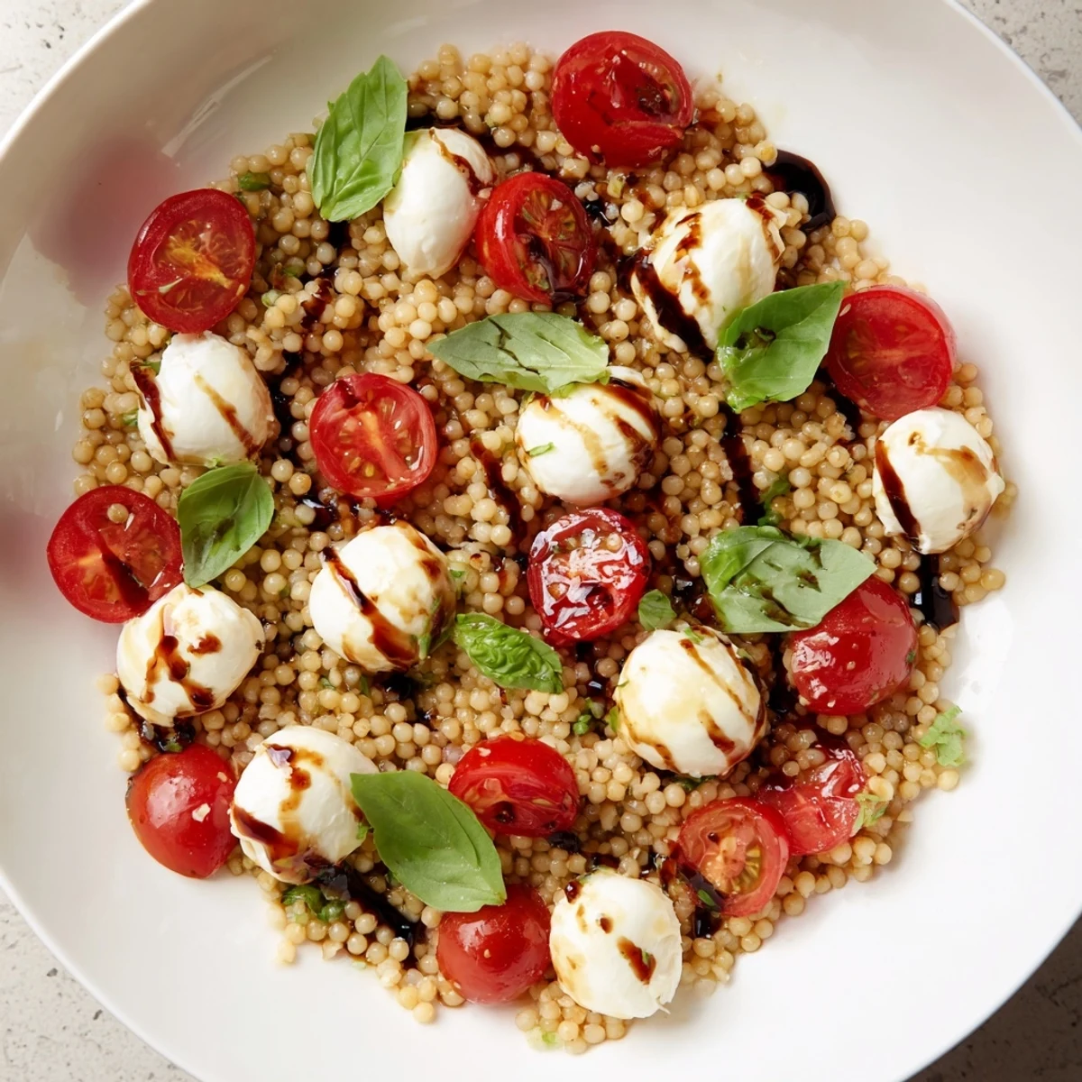 Vibrant Caprese Couscous Salad, a colorful medley showcasing juicy tomatoes and creamy mozzarella.