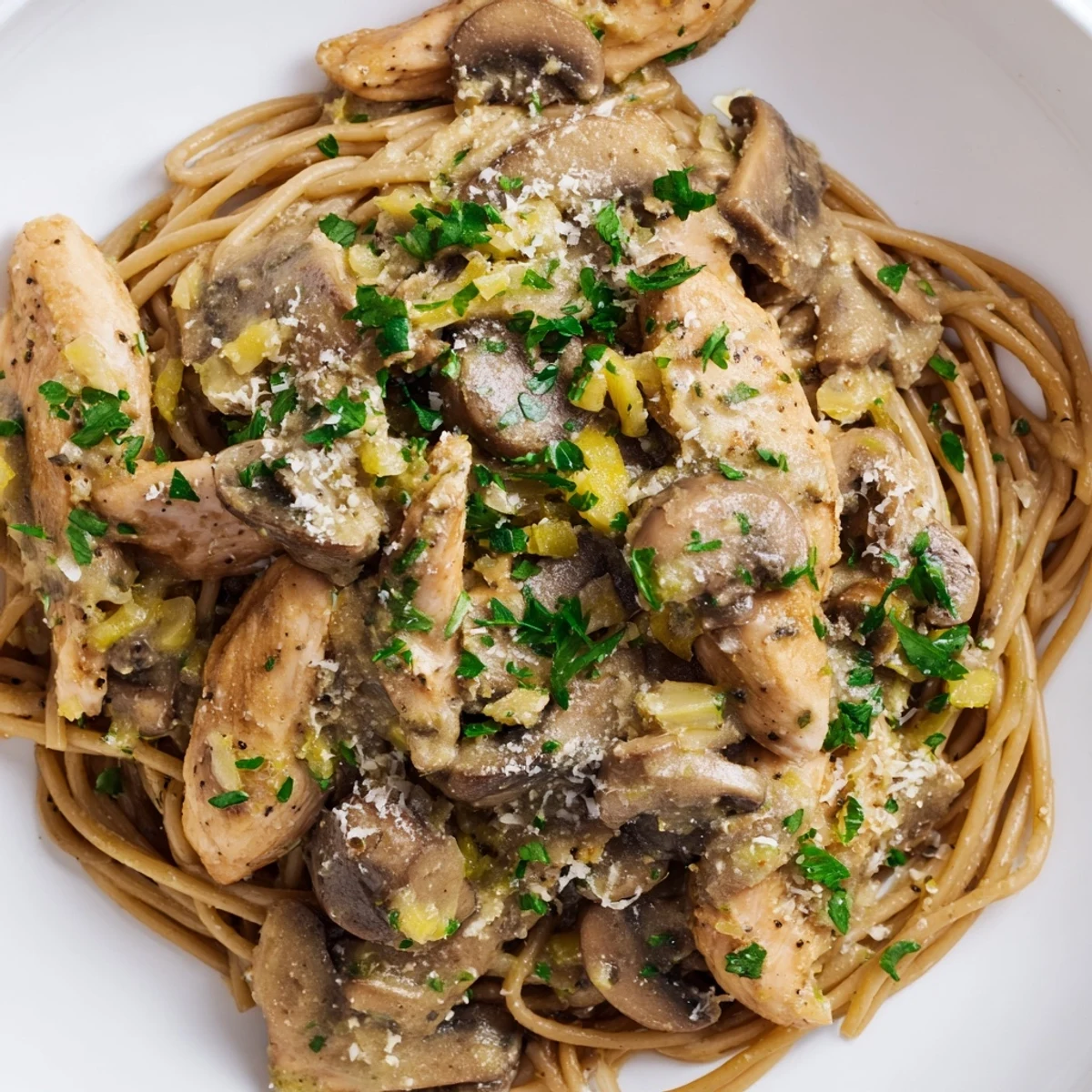 Creamy mushroom chicken spaghettini with tender chicken, perfectly cooked pasta, and a rich, creamy sauce.