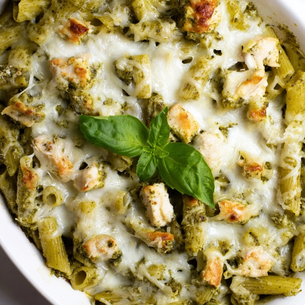Golden, bubbly Pesto Chicken Pasta Bake, a comforting family meal with melted mozzarella and pesto swirls.