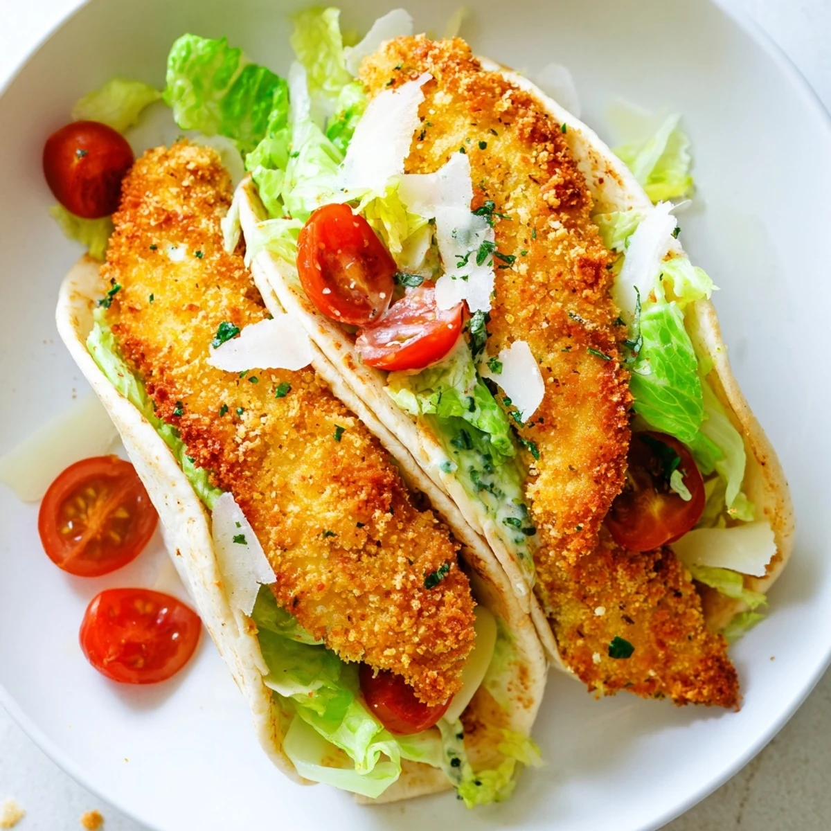 Fresh Caesar salad and flavorful chicken strips filling tasty Crispy Herbed Chicken Caesar Pitas, a quick meal.