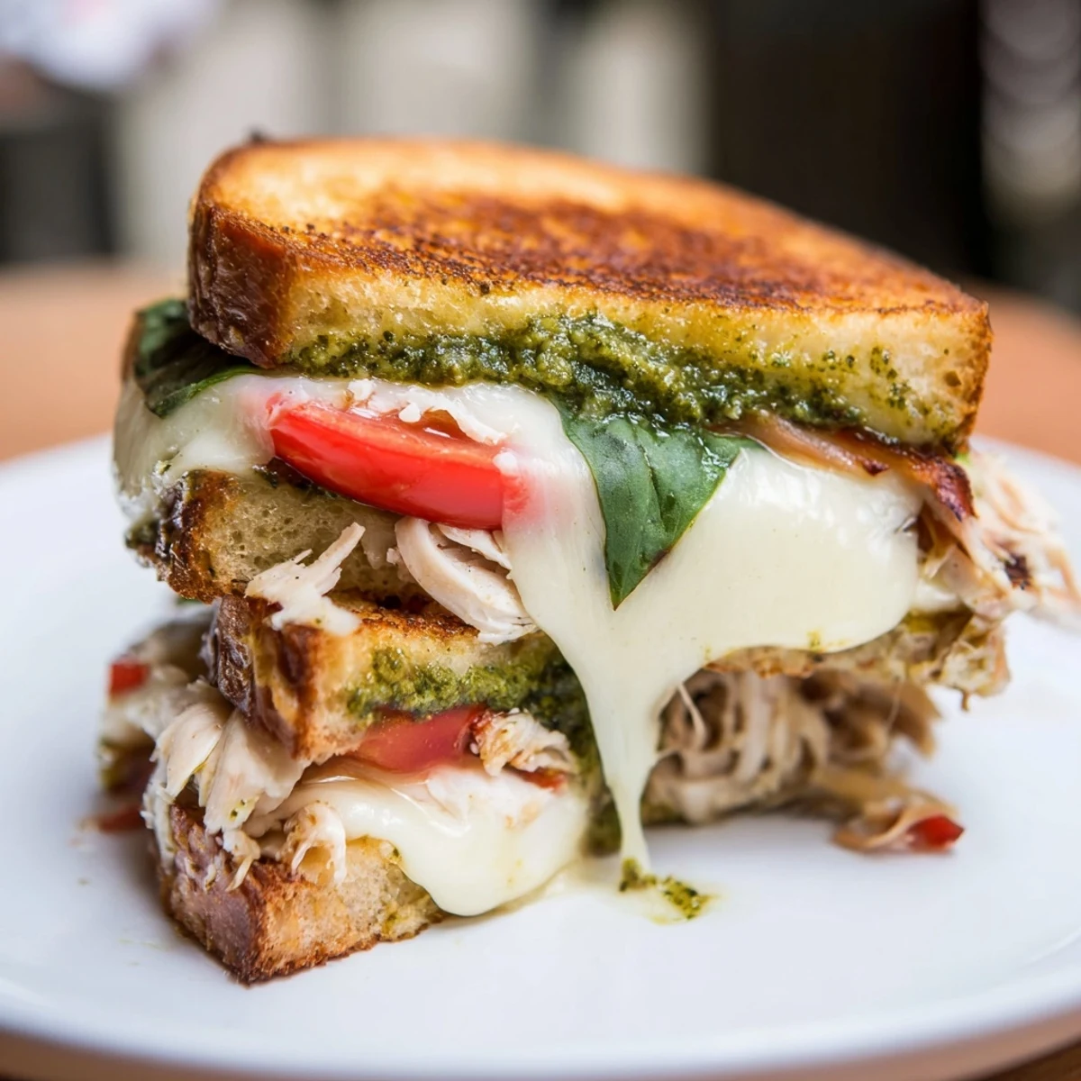 Mozzarella pesto chicken grilled cheese, golden and melty, perfect for a cozy, satisfying lunch.