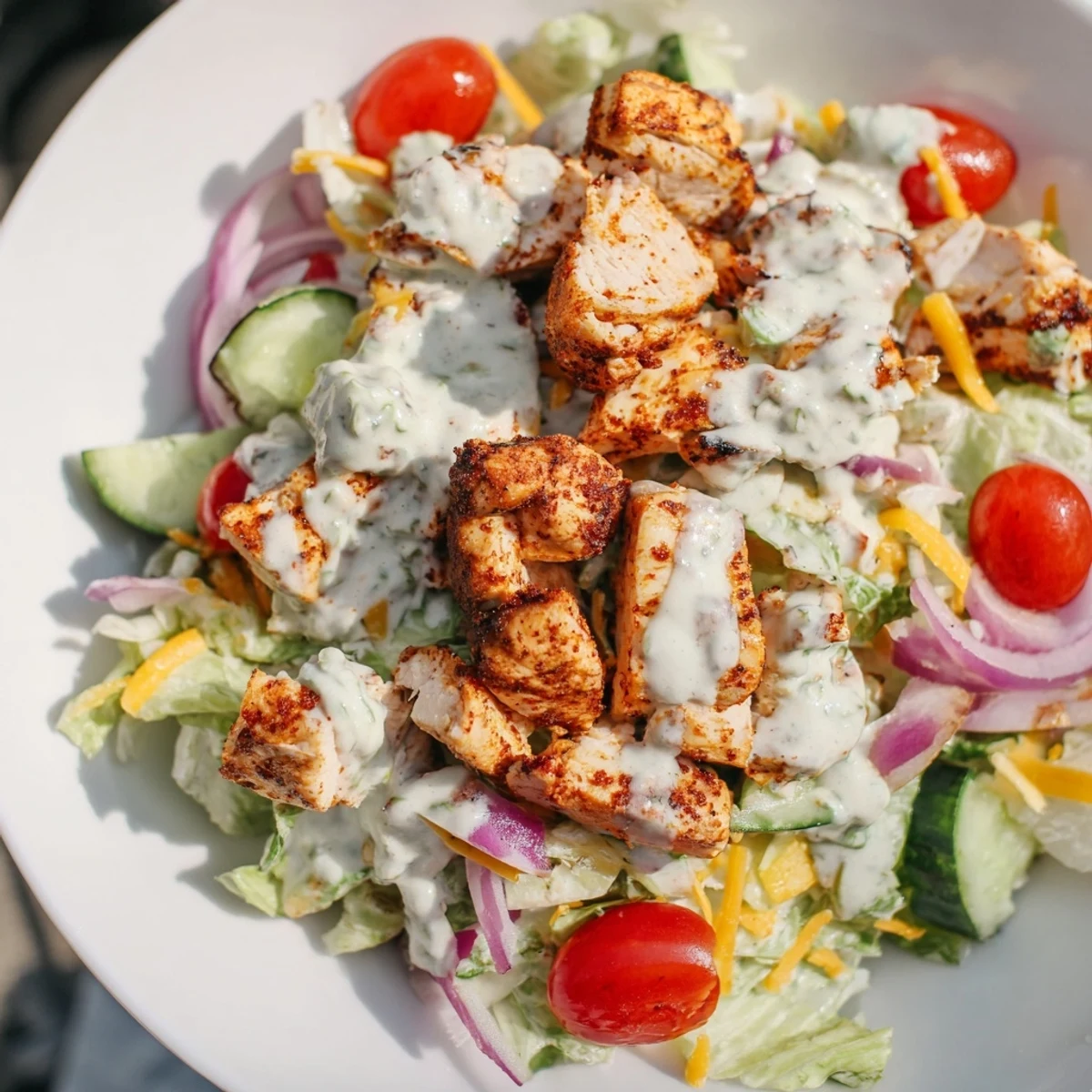 Creamy jalapeño ranch chicken salad on romaine with colorful tomatoes and red onion, ready to eat.