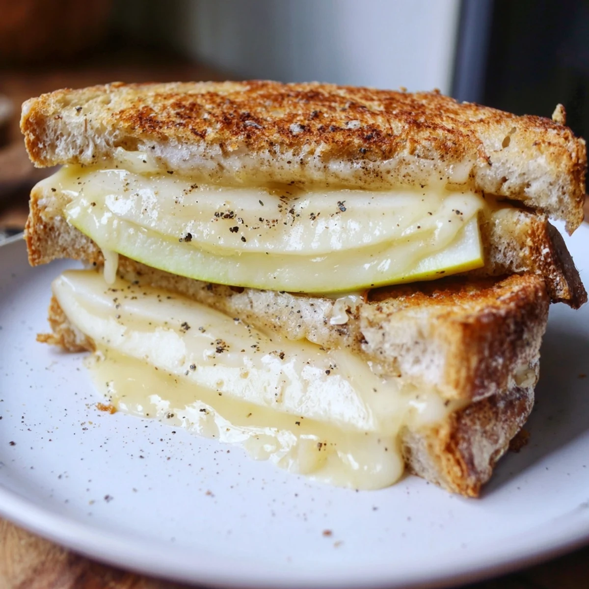 Golden brown Smoked Gouda & Apple Grilled Cheese, oozing melted cheese and apple slices, steaming hot and ready.
