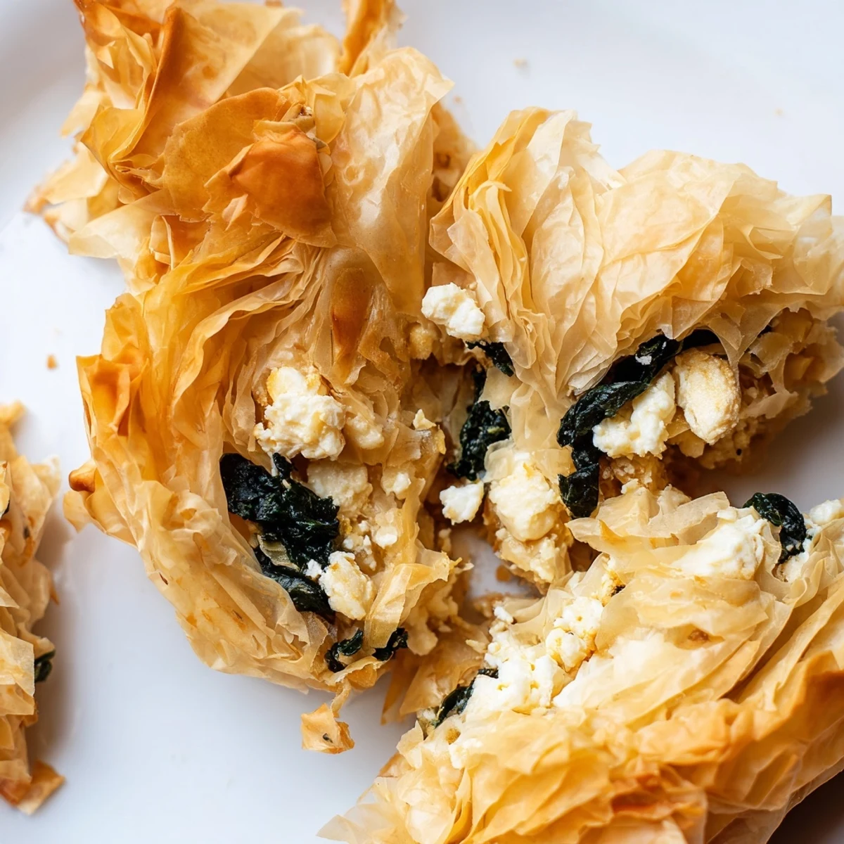 Golden-brown, flaky Feta and Kale Börek slices stacked on a wooden serving board, showcasing the vibrant green kale and creamy feta filling inside.