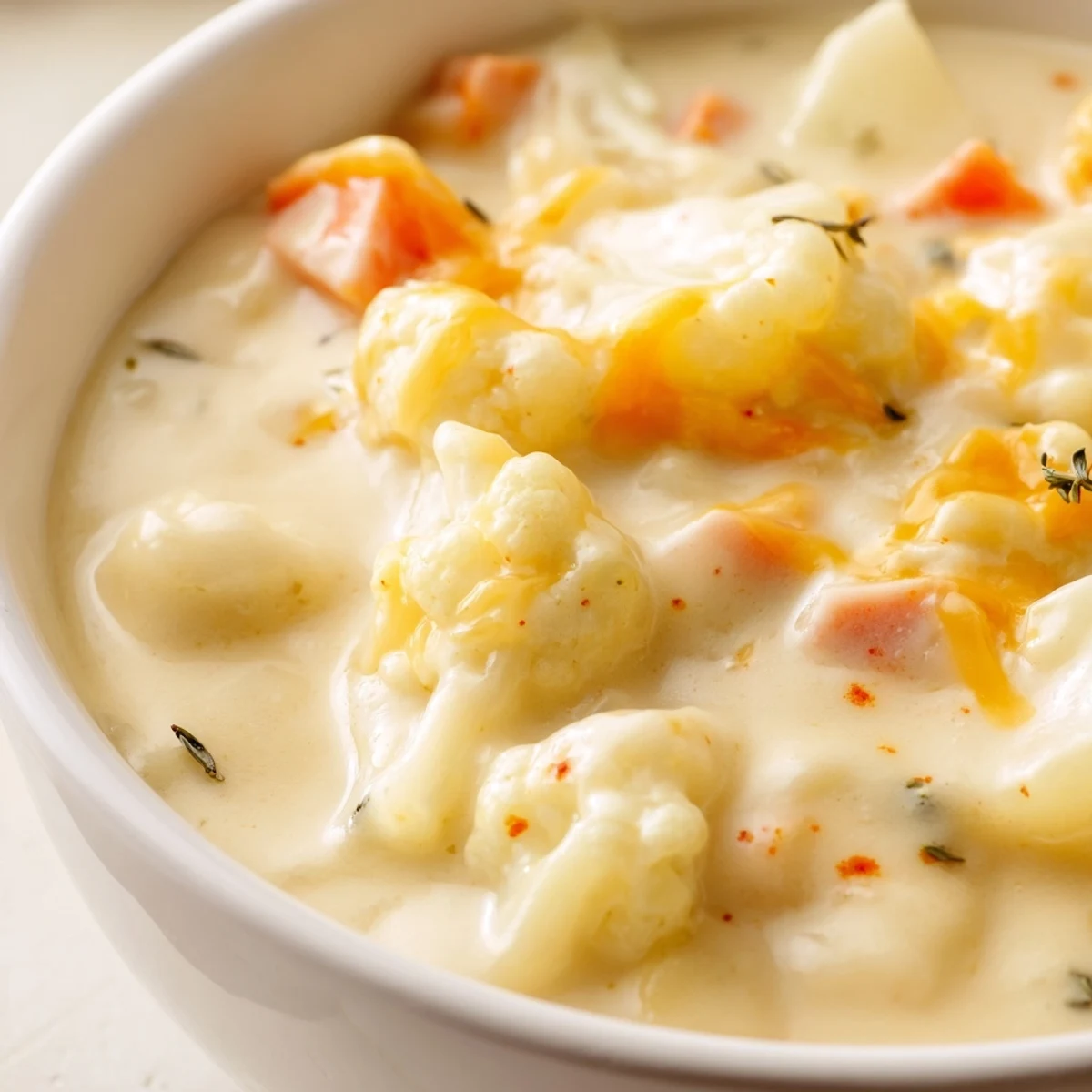 Serving suggestion for Vegetarian Cauliflower Chowder, ideal with crusty bread on the side.