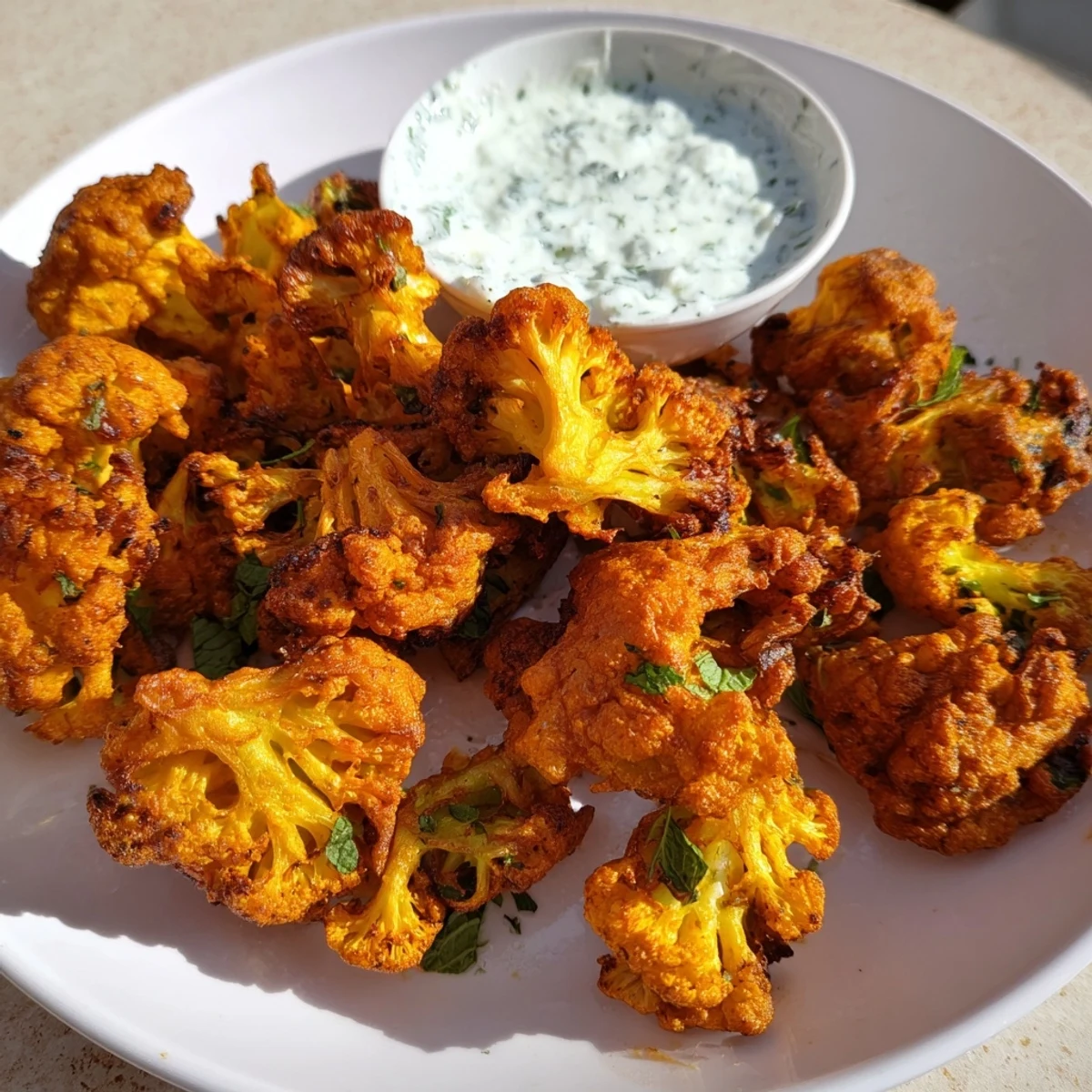 Freshly fried Cauliflower Bhajis served on a plate with yogurt dip, ready for a flavorful appetizer.