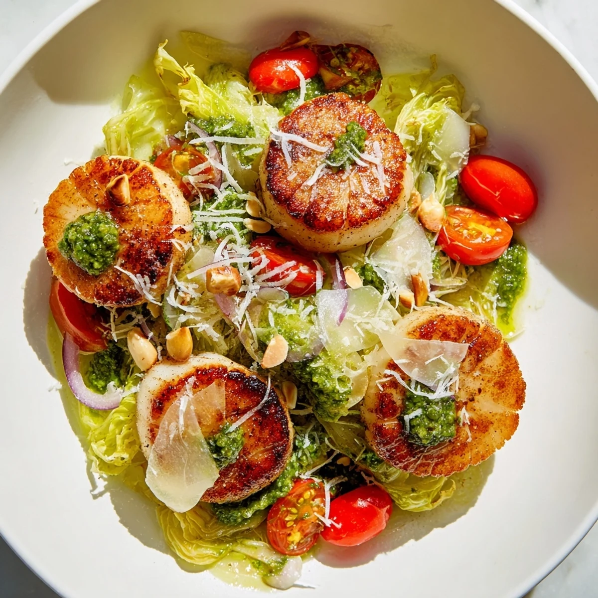 Golden seared scallops with escarole salad, shaved Parmesan, and a vibrant pesto vinaigrette garnish.