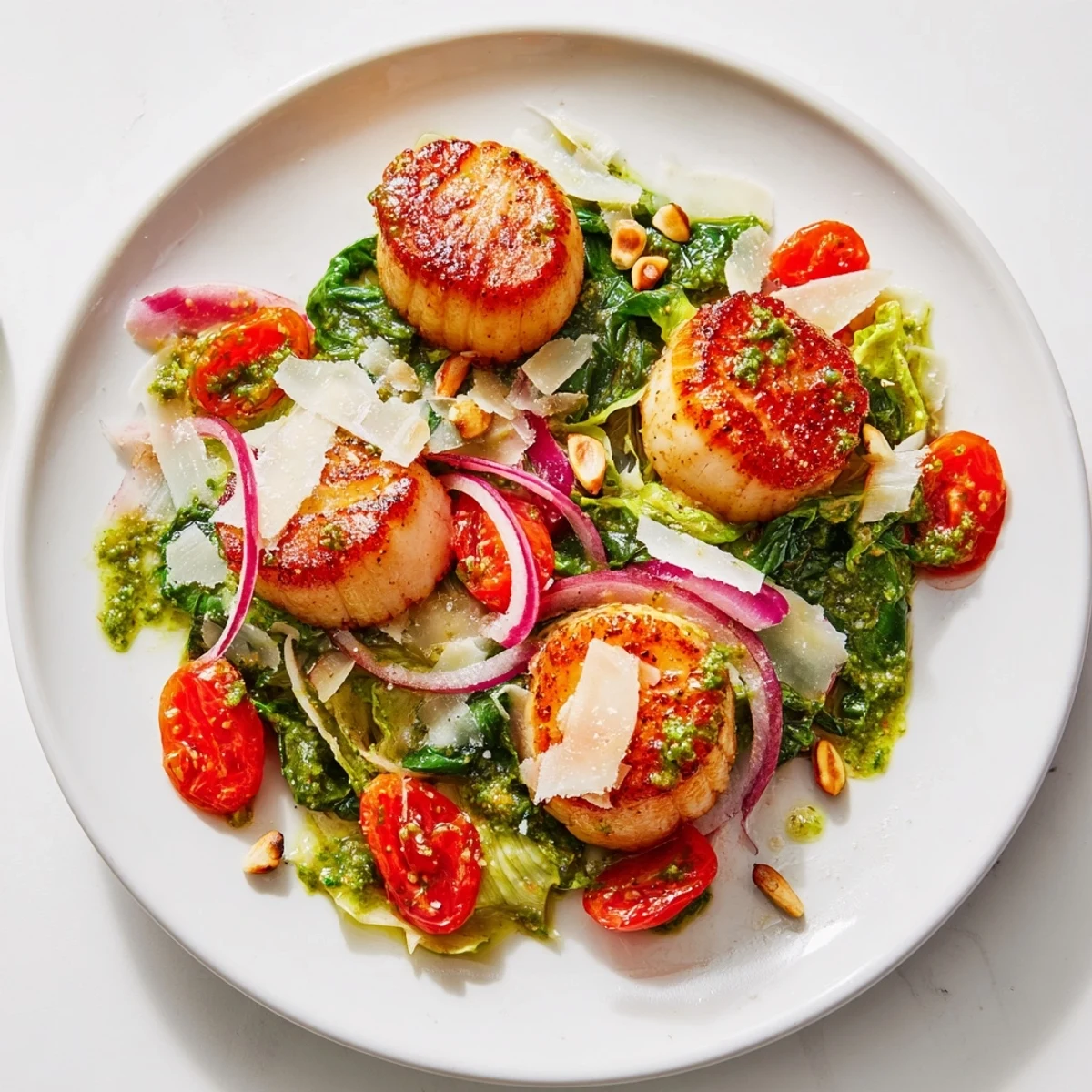 Ready-to-eat seared scallops served on a bed of escarole salad, drizzled with pesto vinaigrette.