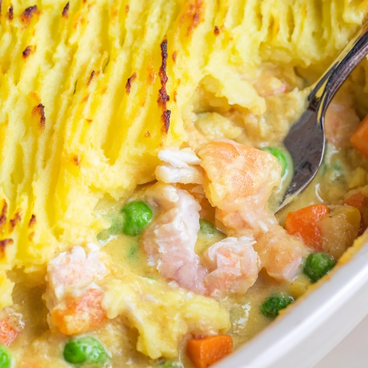 Golden, crispy mashed potato topping covers a creamy curried fish pie filled with tender cod, smoked haddock, and sweet shrimp.