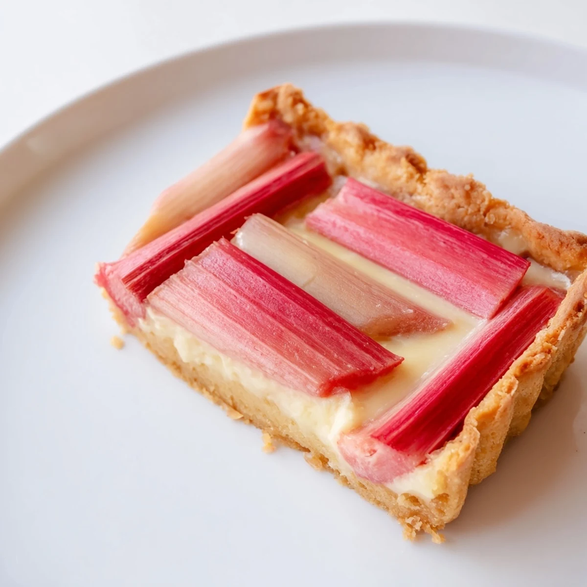 A close-up of the Rhubarb, White Chocolate, and Elderflower Tart, featuring bright pink roasted rhubarb slices arranged over a creamy, pale yellow custard in a golden-brown tart shell.
