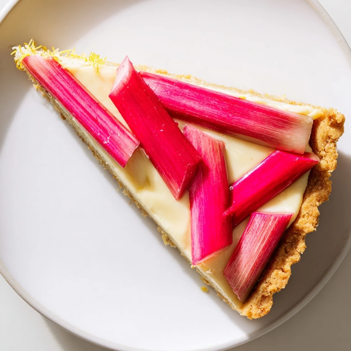 Overhead view of a slice of Rhubarb, White Chocolate, and Elderflower Tart on a white plate, showing the smooth custard filling and tender rhubarb pieces, perfect for a spring dessert table.
