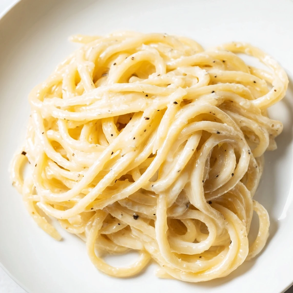 Close-up of Cacio e Pepe, showcasing al dente spaghetti tossed in a peppery, cheesy sauce on a rustic plate.