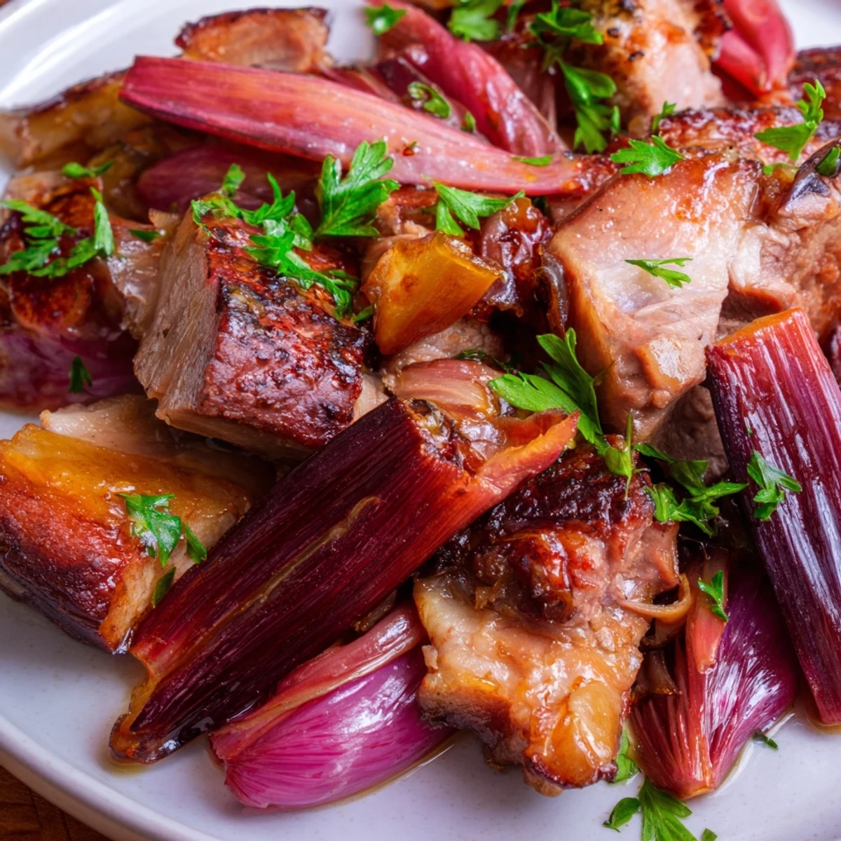 Pork and Aromatic Rhubarb Traybake served hot with roasted pork and vibrant rhubarb on a parchment-lined tray.