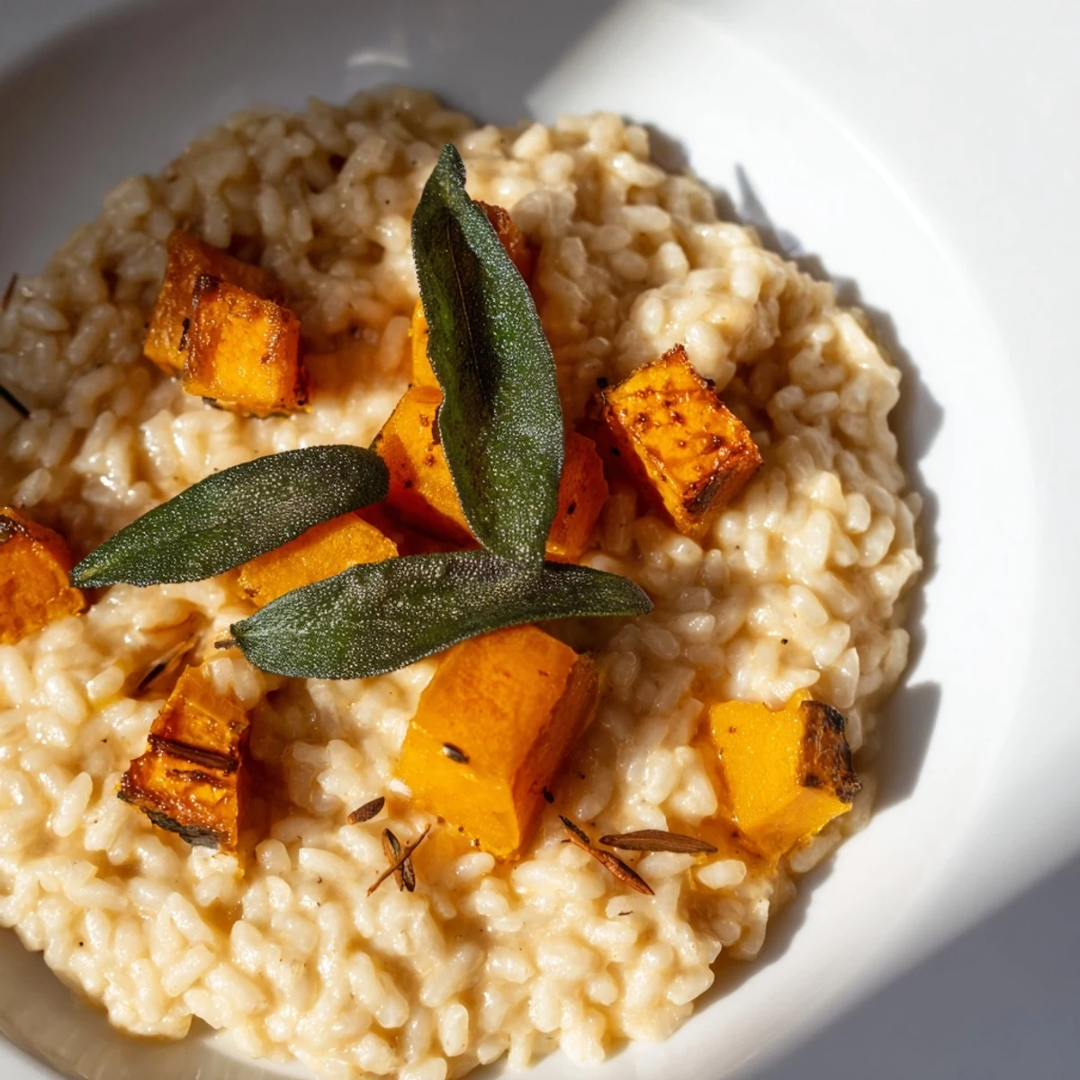 Fluffy arborio rice with roasted pumpkin, aromatic sage, and a hint of nutmeg.