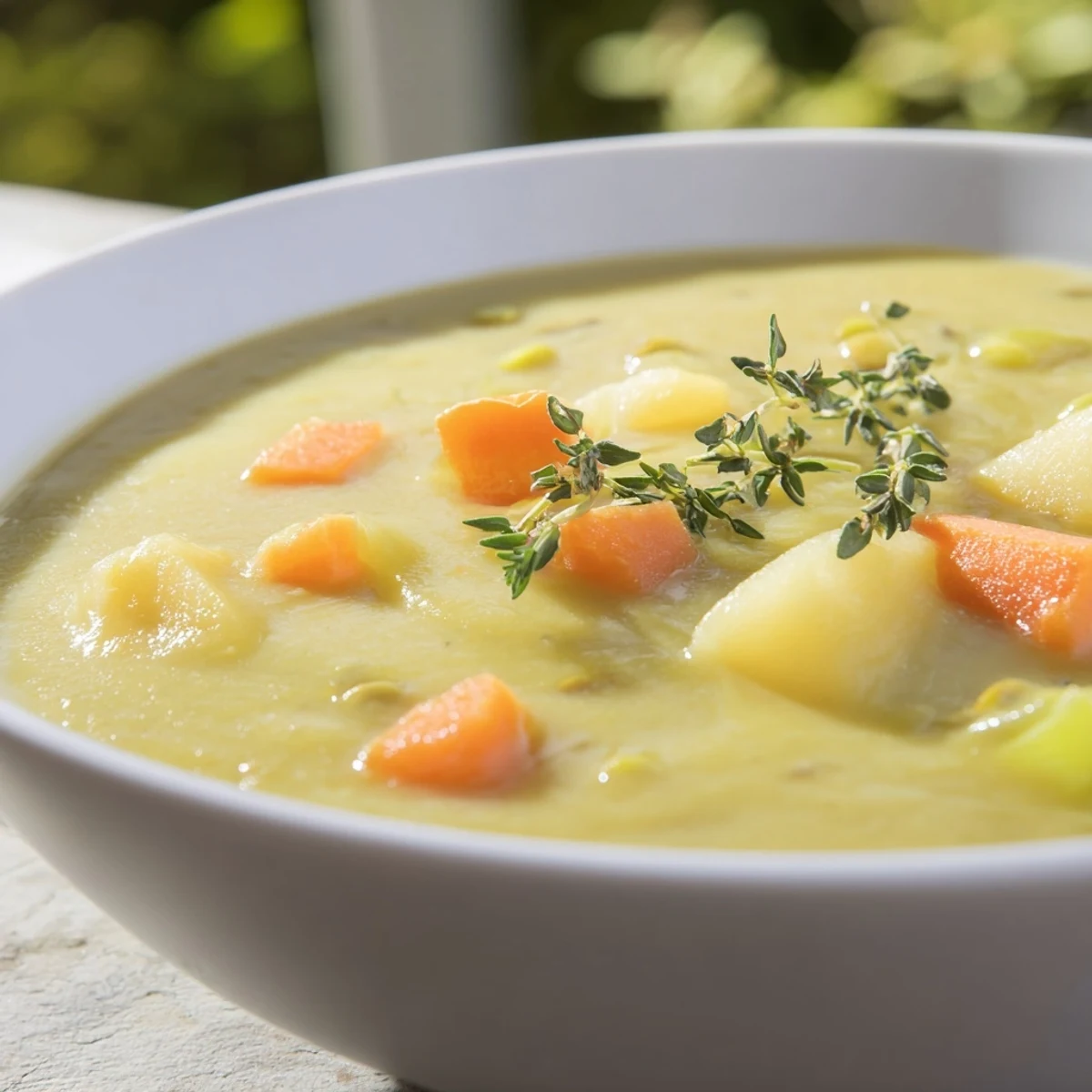 Creamy split pea soup simmering in a pot, showing vibrant green peas, diced carrots, and smoky ham chunks.