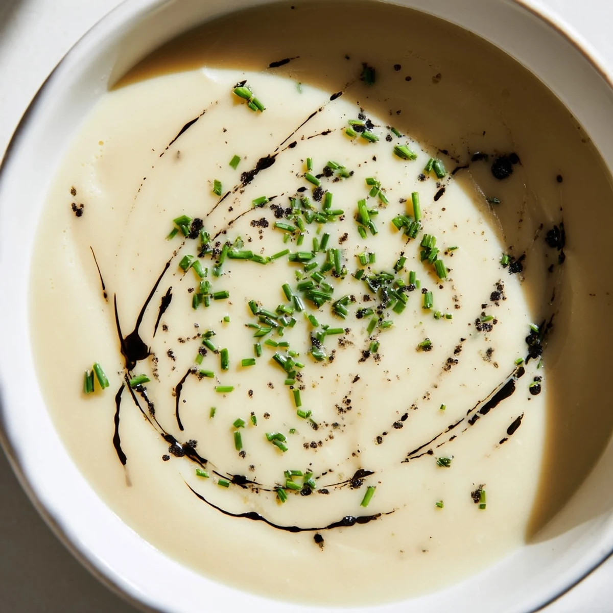 Steaming pot of Celery Root Bisque with celery root and leeks, ladled into a warm soup bowl.