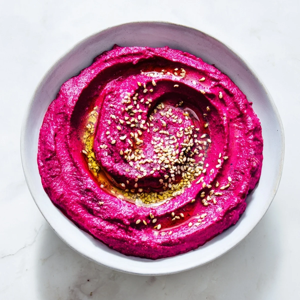 Roasted Beet Hummus in a rustic bowl topped with olive oil and fresh parsley.