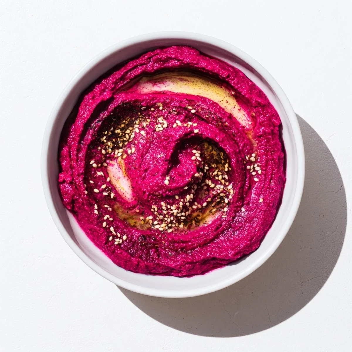Creamy Roasted Beet Hummus swirled in a white bowl, garnished with sesame seeds and cumin.