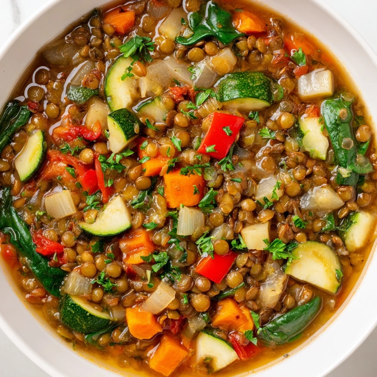 Hearty Lentil and Vegetable Soup simmering in a pot, fragrant with cumin and thyme, ready to serve with a slice of crusty bread.