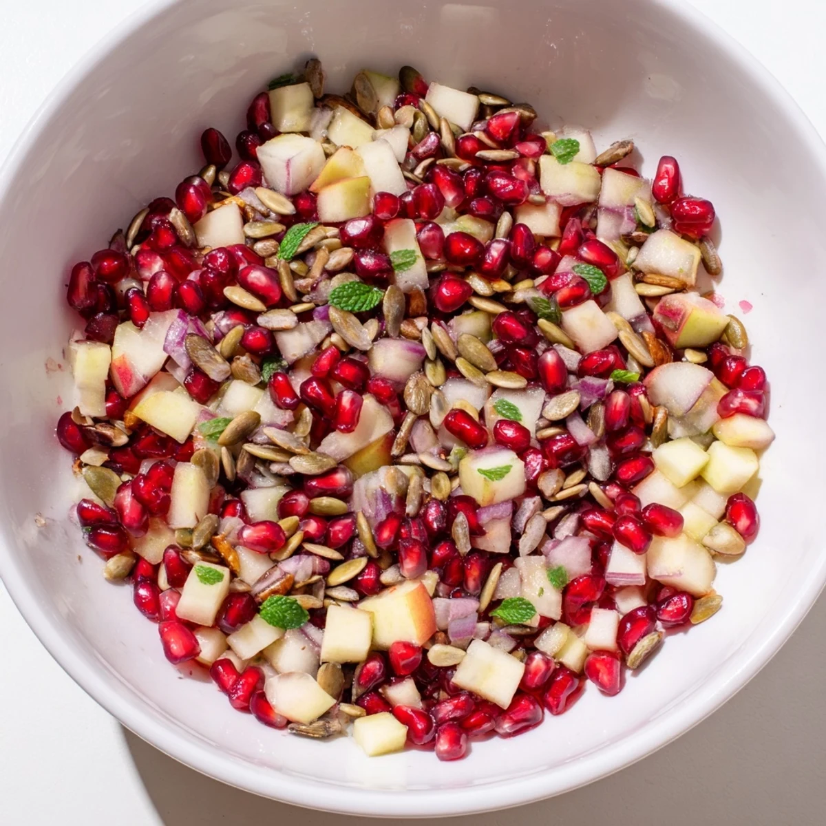 Vibrant Pomegranate and Walnut Salad in a white bowl, with red arils, diced apples, and toasted walnuts glistening with a light lemon-honey dressing.
