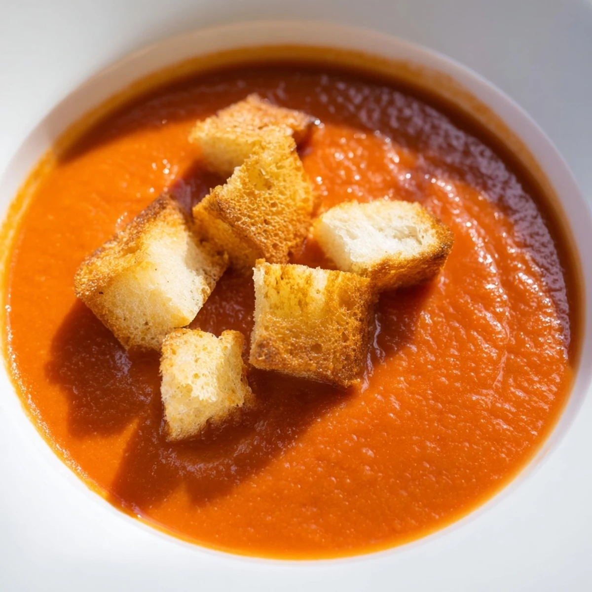 Golden roasted tomato soup in a rustic bowl, topped with crispy homemade croutons and fresh basil.  
