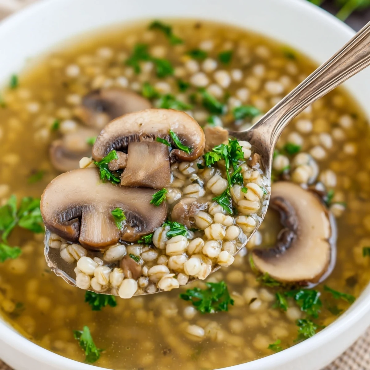 Golden-brown sliced mushrooms and chewy pearl barley swim in a steaming, herb-scented broth in a rustic bowl.