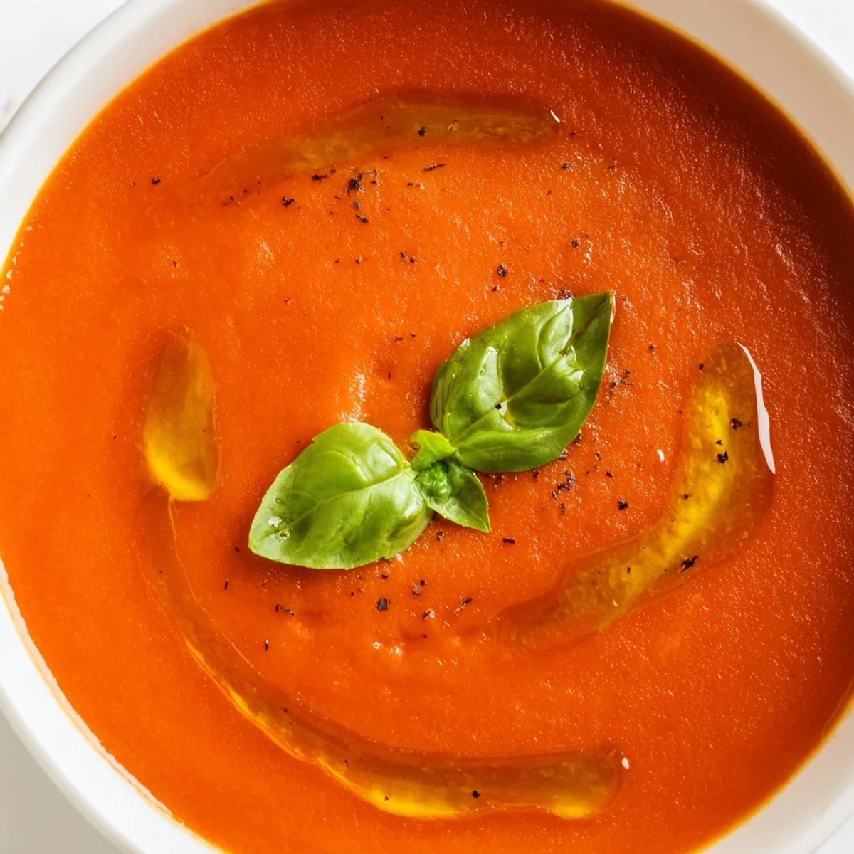 A warm bowl of homemade Tomato and Basil Soup garnished with fresh basil leaves and a drizzle of olive oil, served alongside crusty bread.
