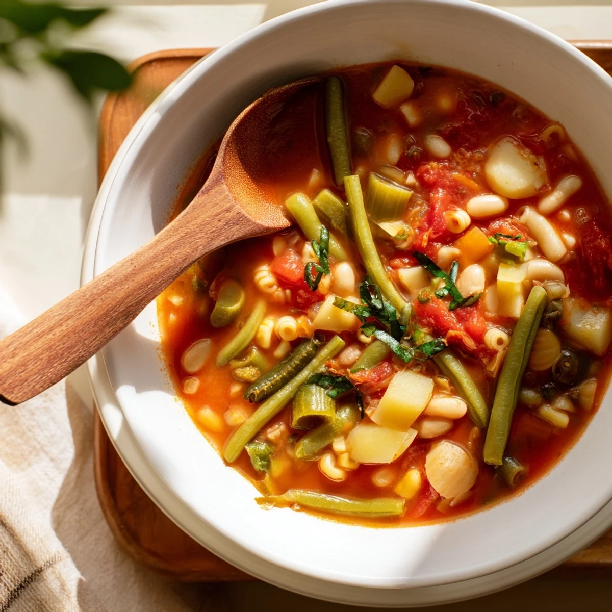 Hearty minestrone vegetable soup in a rustic bowl, brimming with colorful seasonal vegetables, tender pasta, and fresh parsley garnish.  