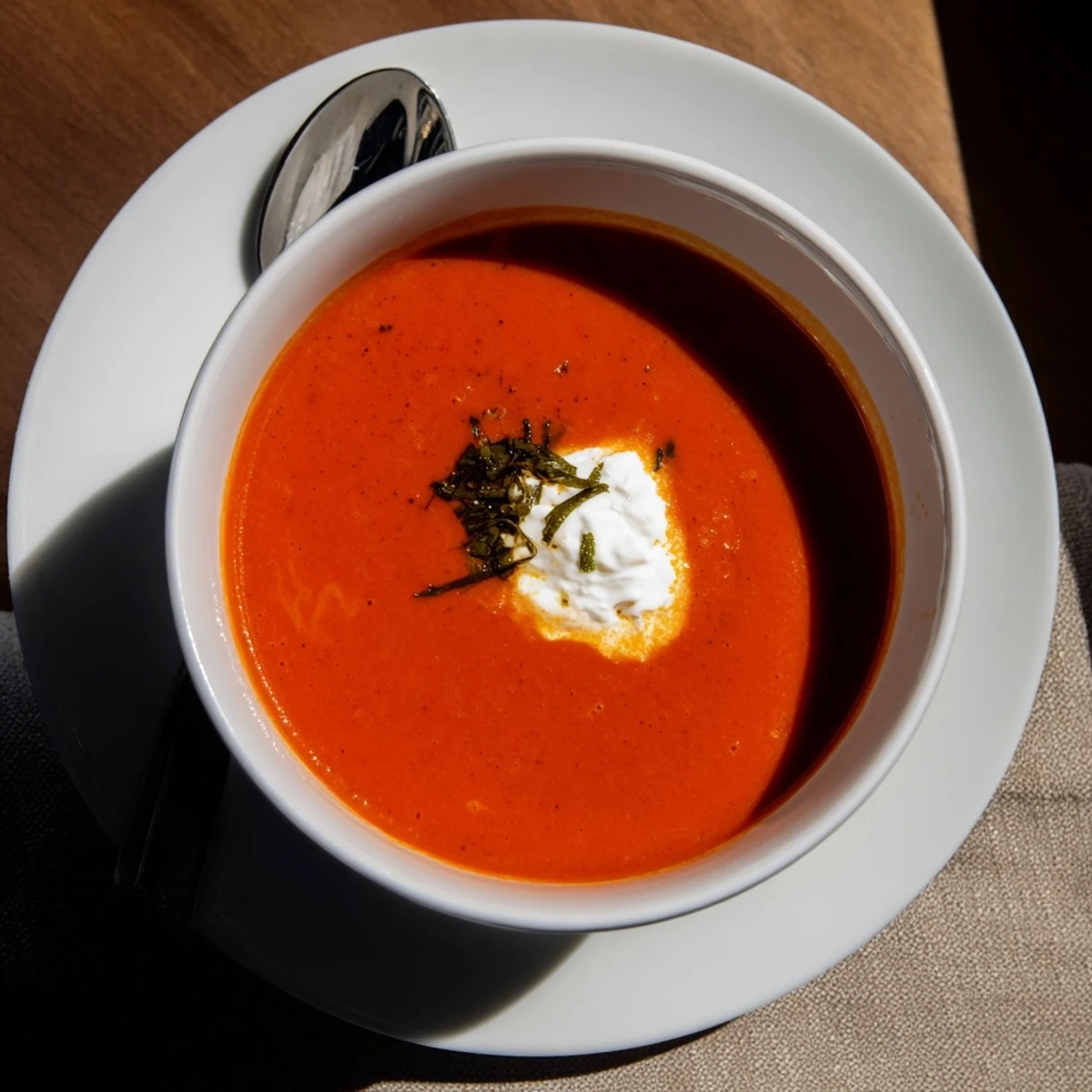 Vibrant Roasted Red Pepper Soup served warm in a rustic bowl, garnished with creamy swirls of crème fraîche and fresh parsley for a comforting start.  