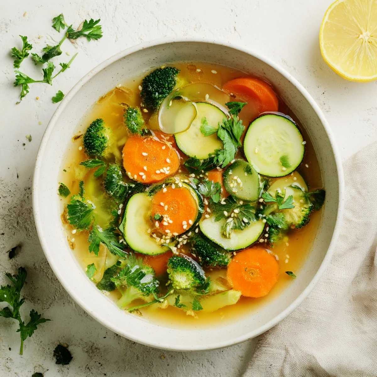 A steaming bowl of Collagen-Boosting Broth Bowl garnished with fresh parsley, turmeric, and a lemon wedge.