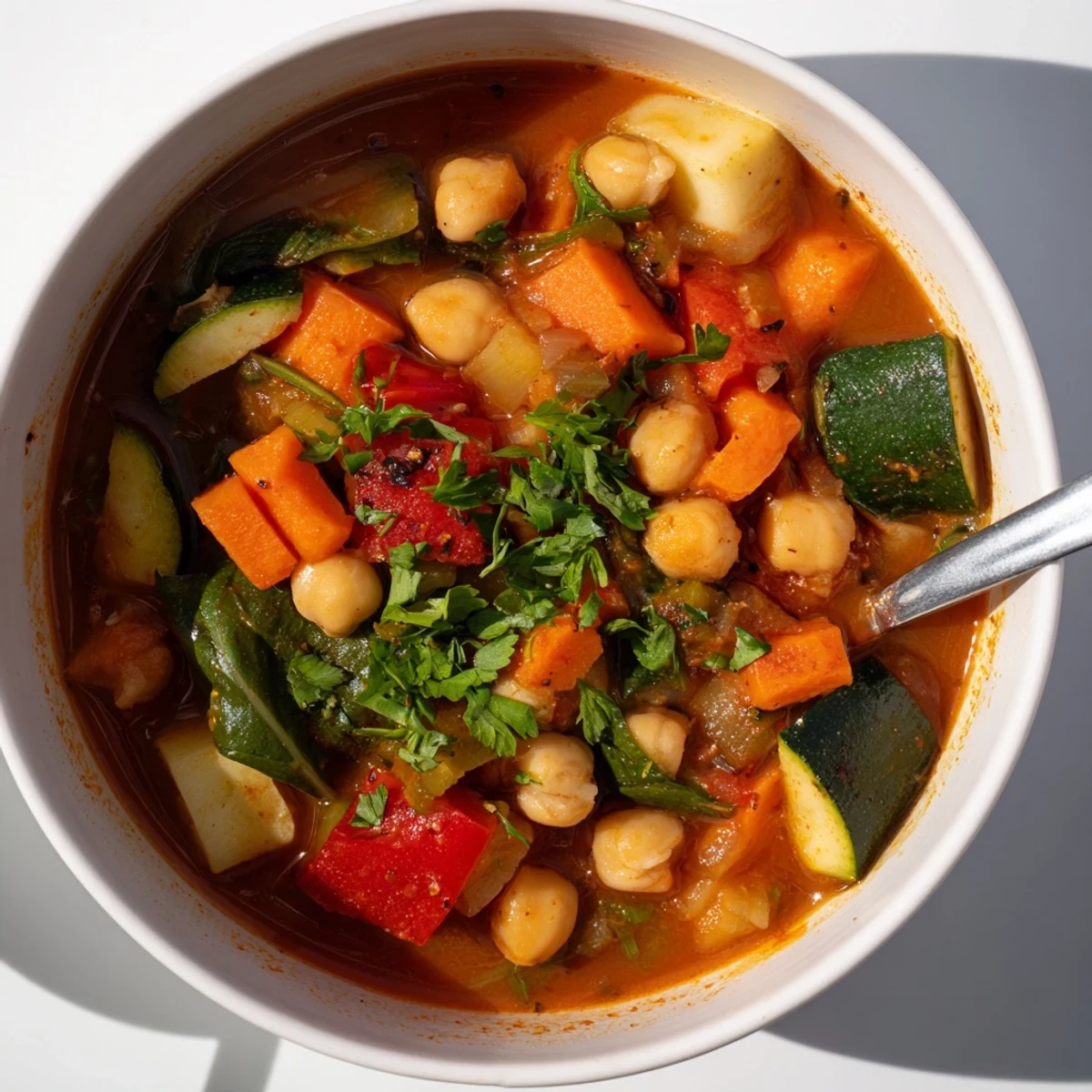 A warm bowl of Chickpea Stew, filled with tender chickpeas, zucchini, and red bell pepper, topped with a squeeze of lemon.