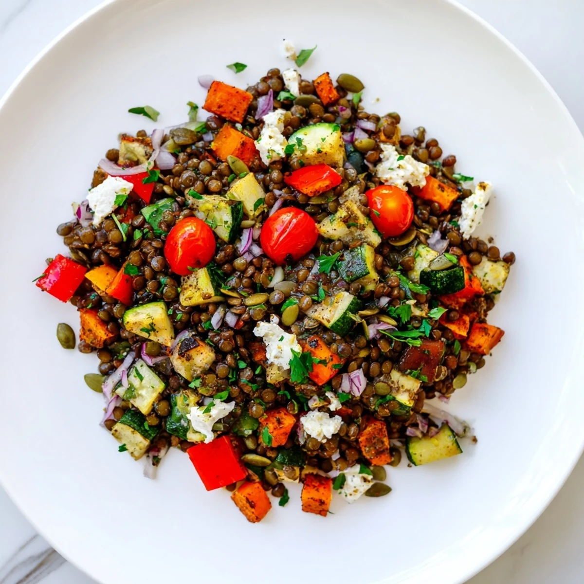 Black lentil salad with roasted vegetables and feta cheese served in a rustic white bowl, garnished with fresh parsley and seeds.