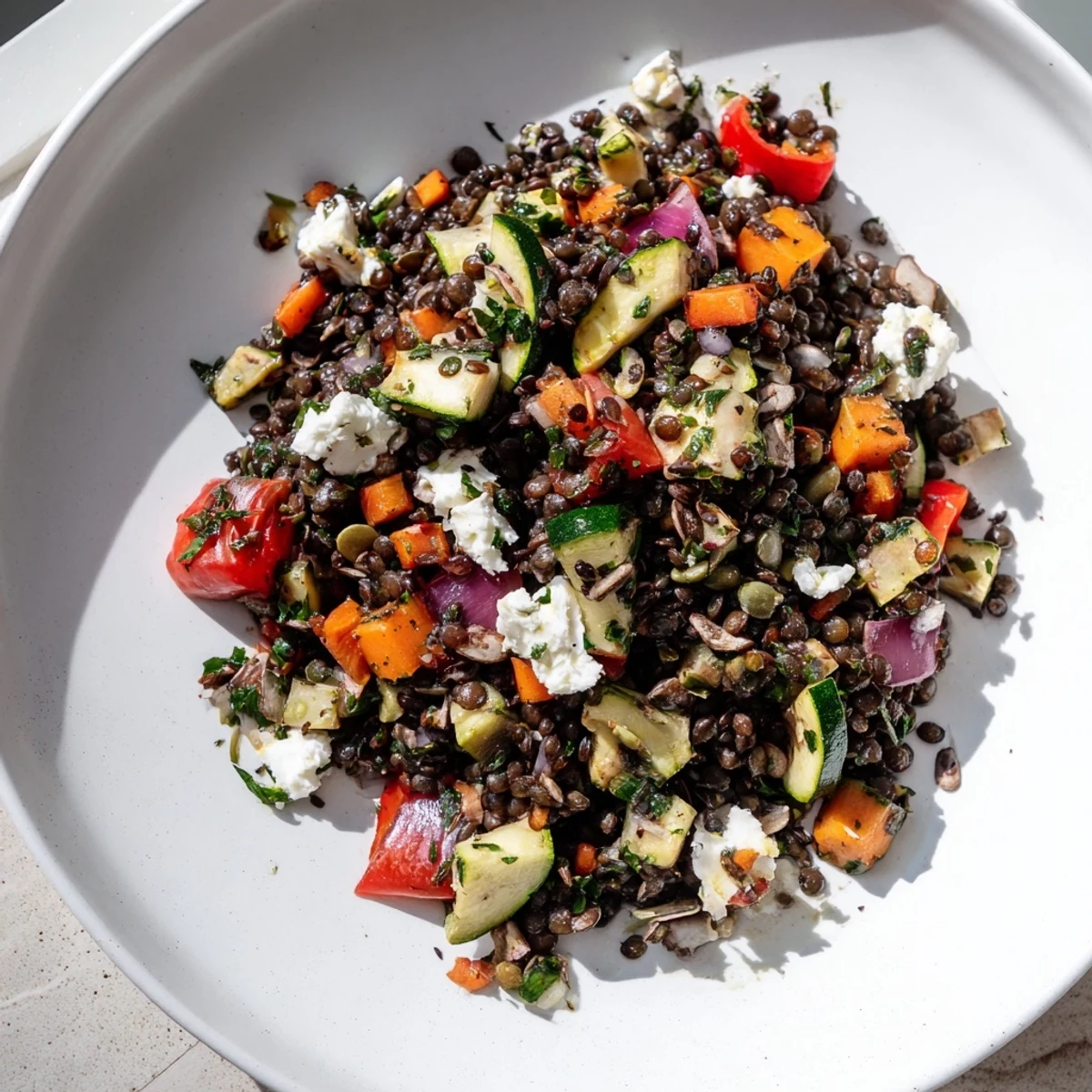Wholesome Mediterranean Black Lentil Salad featuring tender lentils, caramelized vegetables, and pumpkin seeds, ready to serve as a healthy main dish.