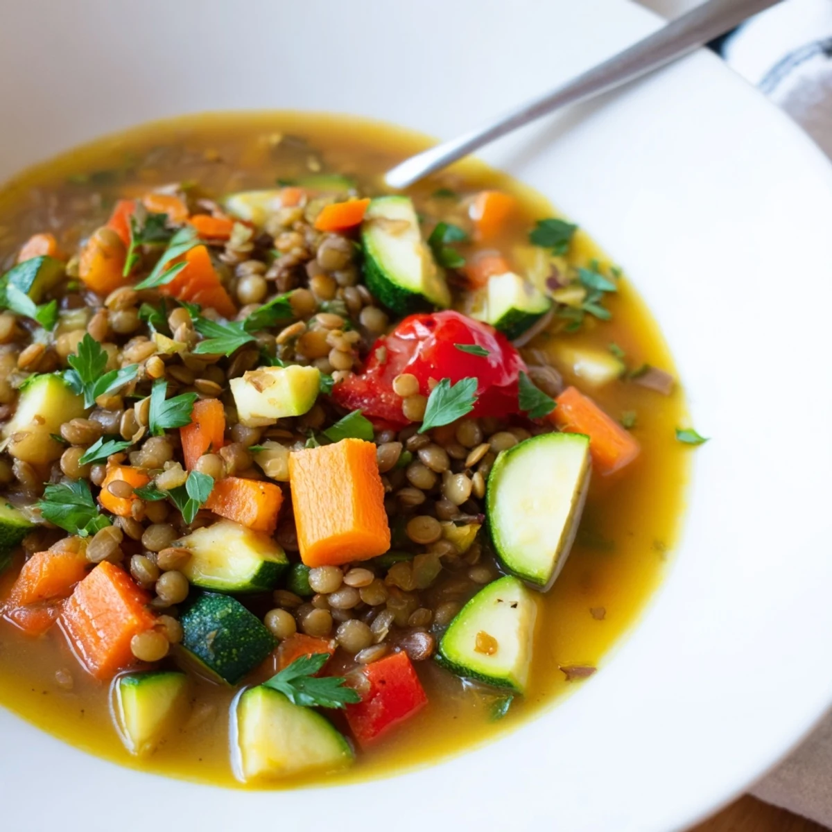 Steaming bowl of Lentil and Vegetable Soup garnished with fresh parsley and a lemon wedge, showcasing hearty roasted veggies in rich broth.
