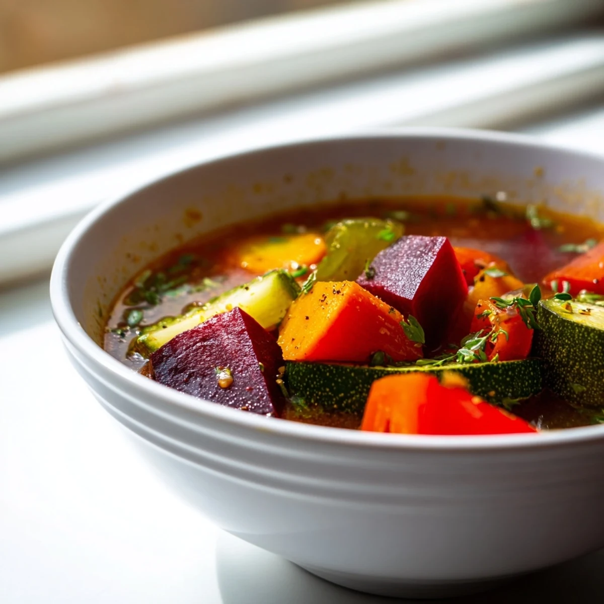 Brightly colored beetroot, carrots, and zucchini simmer in a steaming pot of homemade Rainbow Vegetable Detox Soup.  
