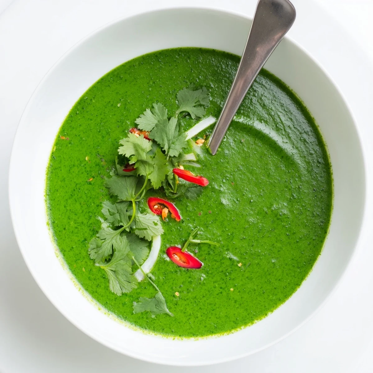 A bowl of vibrant green Spinach Coriander Lemongrass Soup garnished with fresh cilantro leaves and sliced red chili.