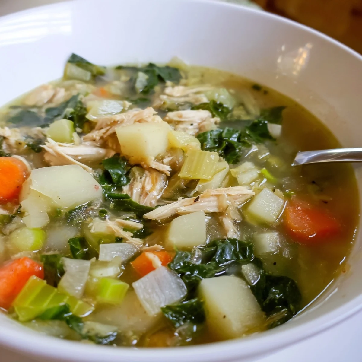 Close-up view of Collard Greens, Chicken and Vegetable Soup, highlighting vibrant green leaves and diced carrots floating in the hearty liquid.