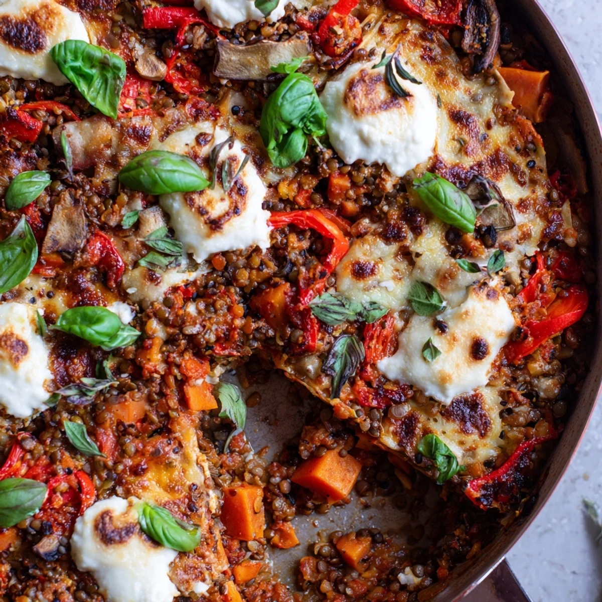 Golden, bubbling layers of One-Pan Smoky Veggie Lentil Lasagne fresh from the oven, garnished with fresh basil.  