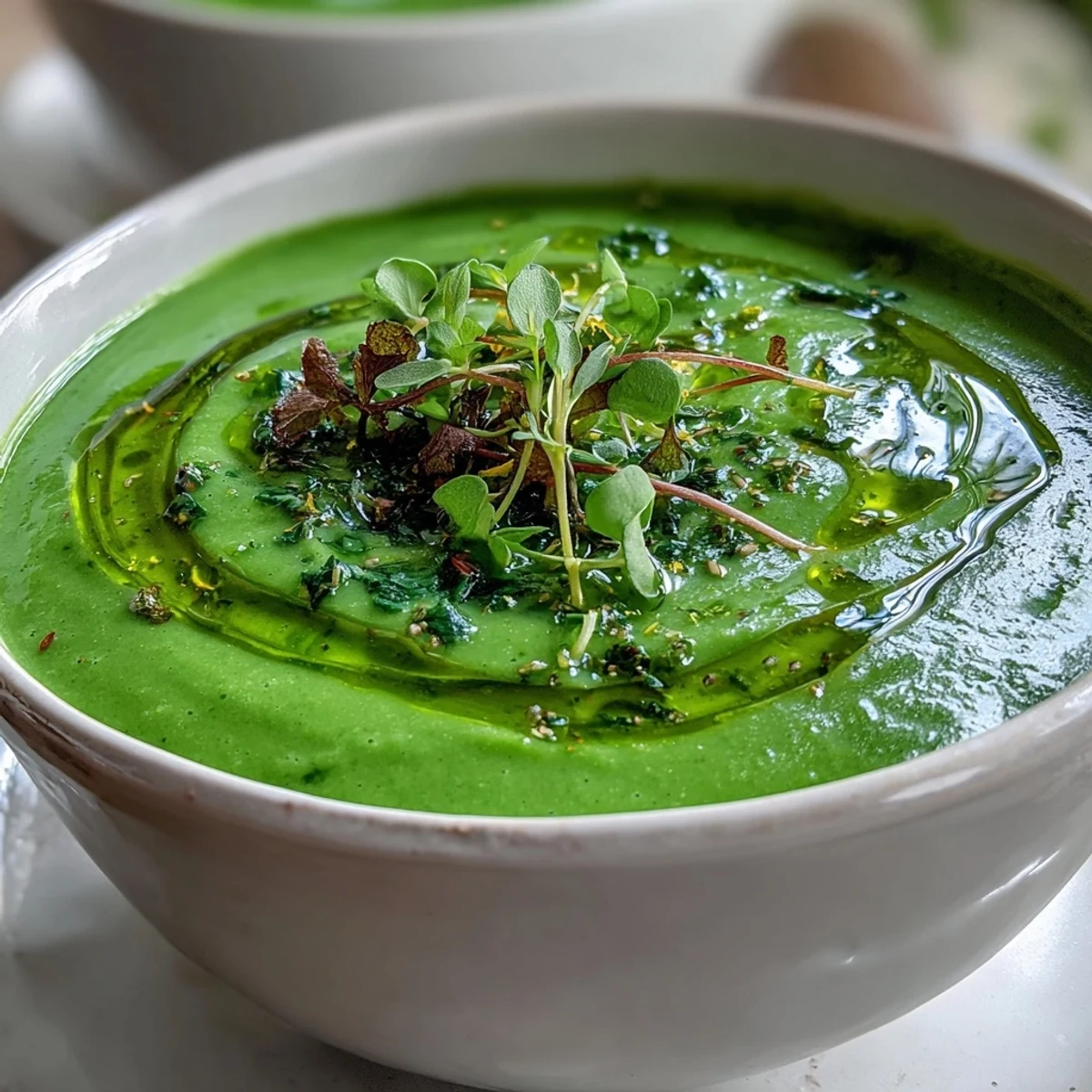 Hearty Big Green Immunity-Boosting Vegetable Soup, silky smooth with broccoli, spinach, and asparagus.