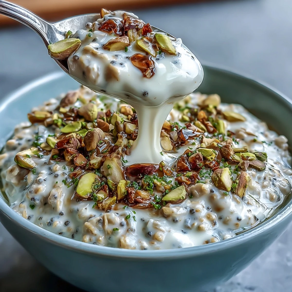 Creamy pistachio overnight oats with chia seeds and fresh berries in a glass jar.  