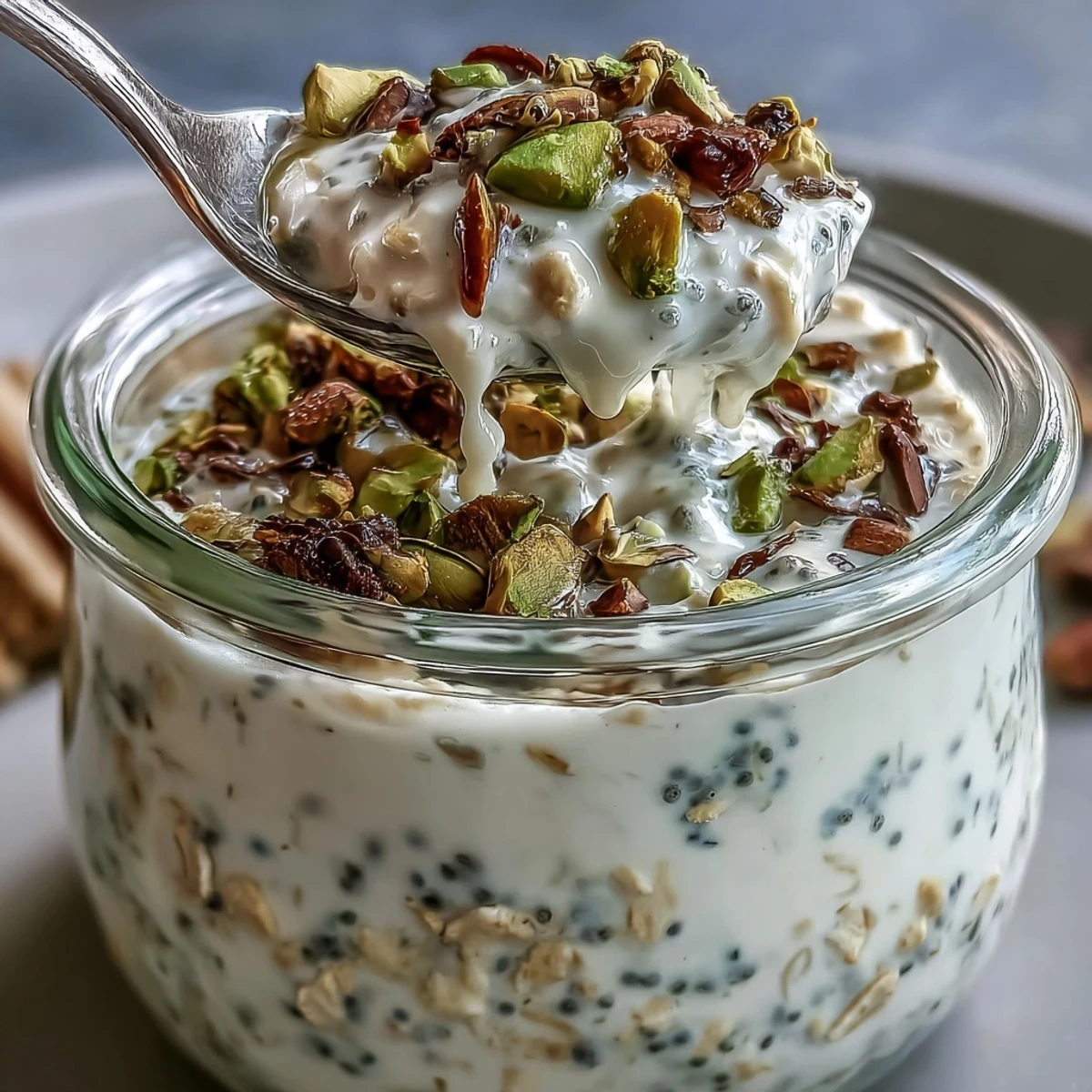 A close-up of textured pistachio overnight oats topped with chopped nuts and honey.  
